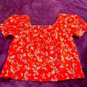 Ann Taylor reddish orange floral blouse